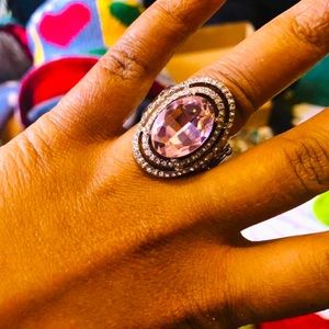PINK CRYSTAL OVAL SILVER STRETCHY RING